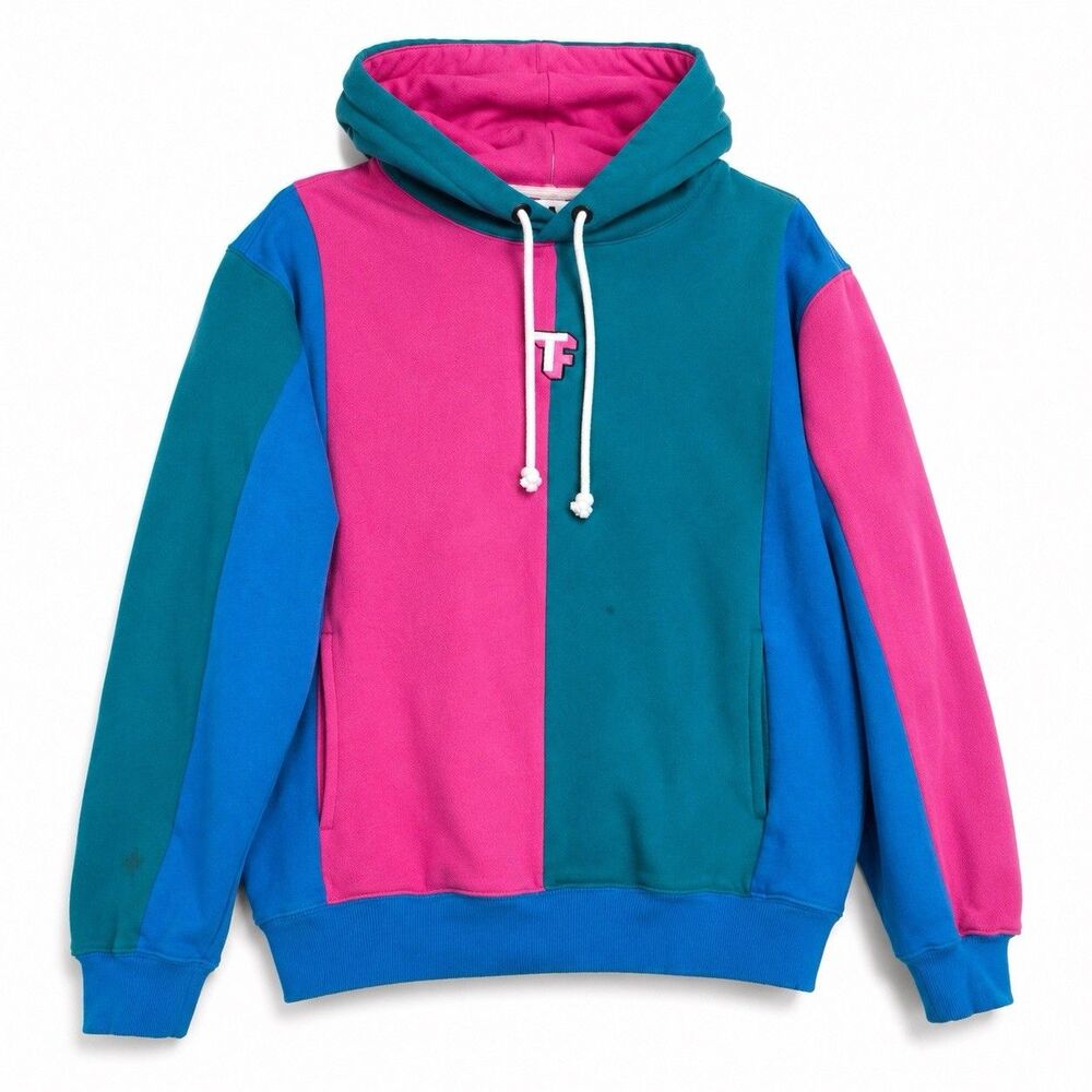 Teddy Fresh Colorblock Hoodie Pink Teal Blue Pullover Sweatshirt M Embroidered